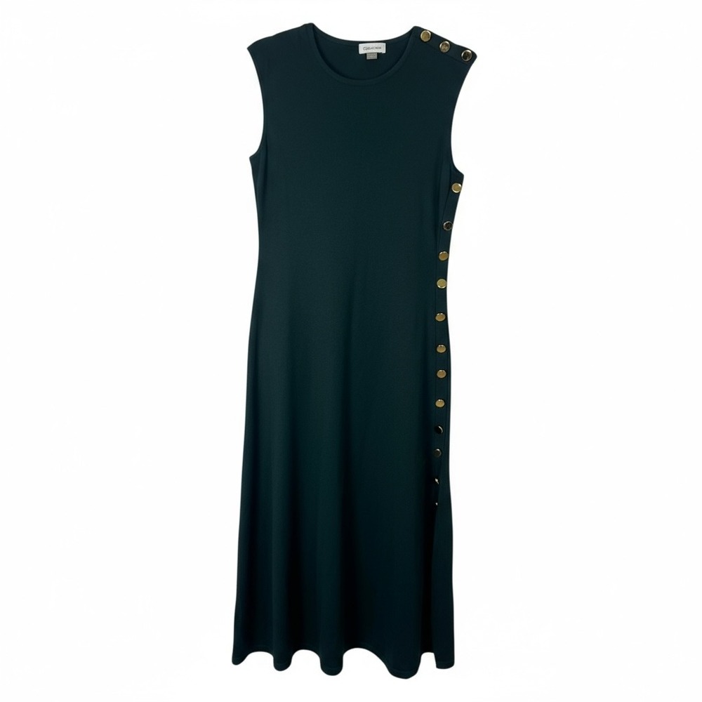Calvin Klein Sleeveless Midi Dress Gold Button Detail Knit Green Women Size S‎